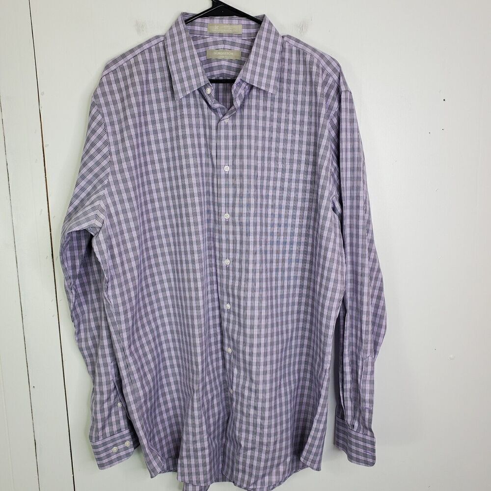 Nordstrom Dress Shirt Mens 17.5 Trim Fit Wrinkle Free Purple Checkered Button Up